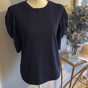 En Saison navy blue three-quarter sleeve blouse with puffy shoulders sz M
